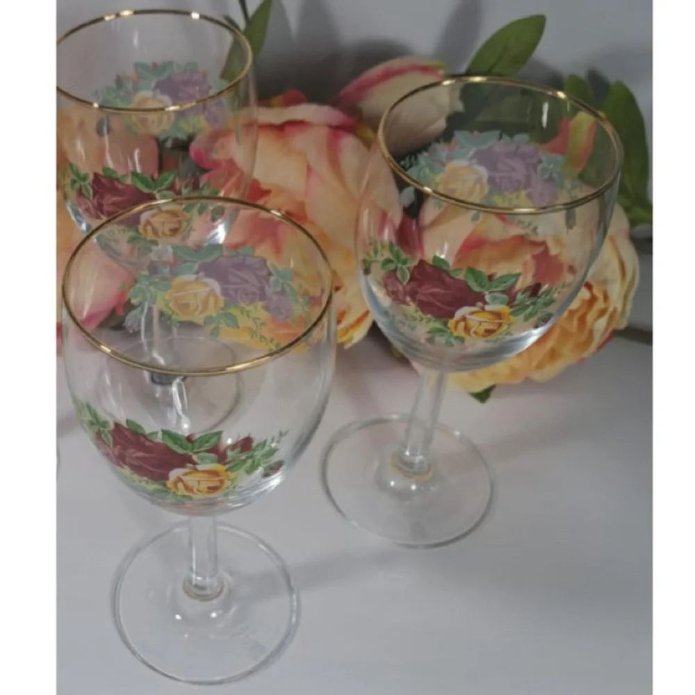 Vintage Royal Albert Old Country Roses Wine Glass Set Barware Burgundy Gold Rim